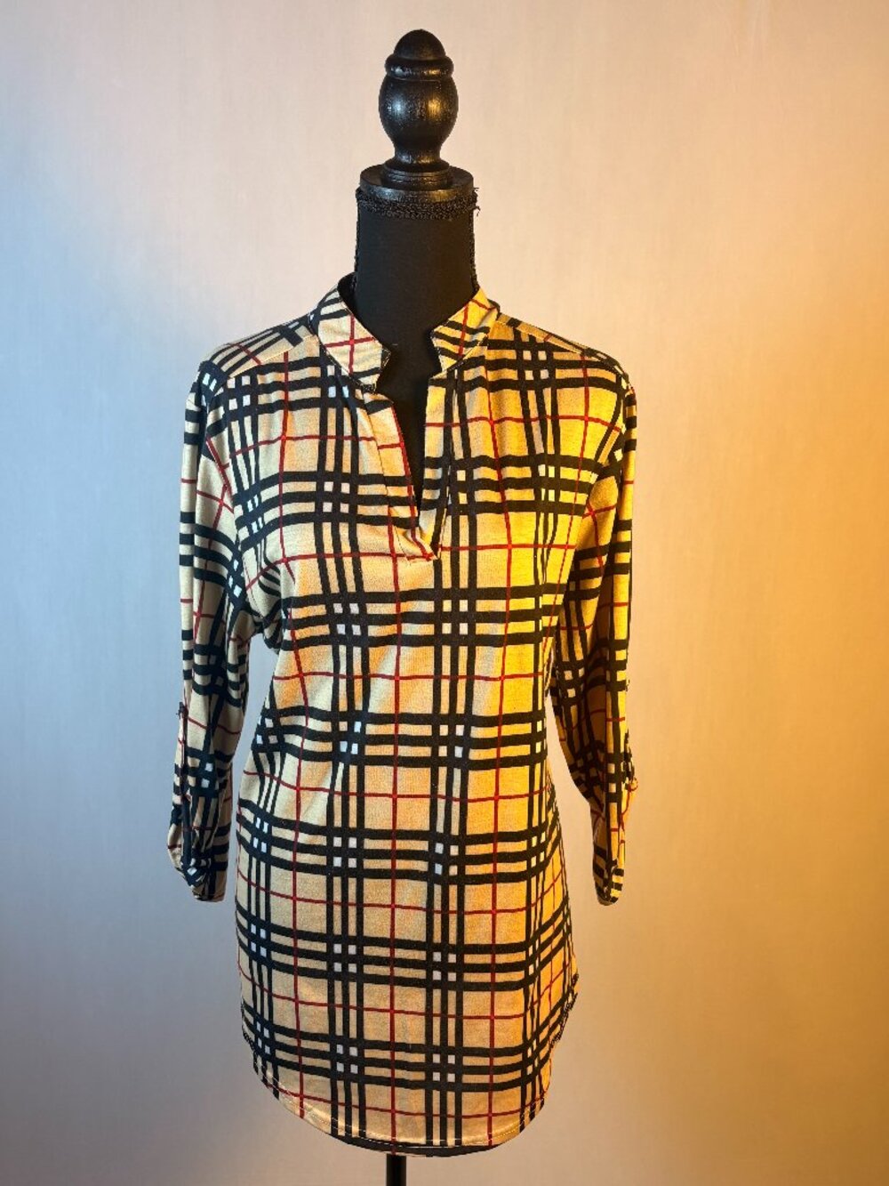 St Jubileens | "Fancy" Plaid Tunic Blouse | XL | Button Sleeve Detail